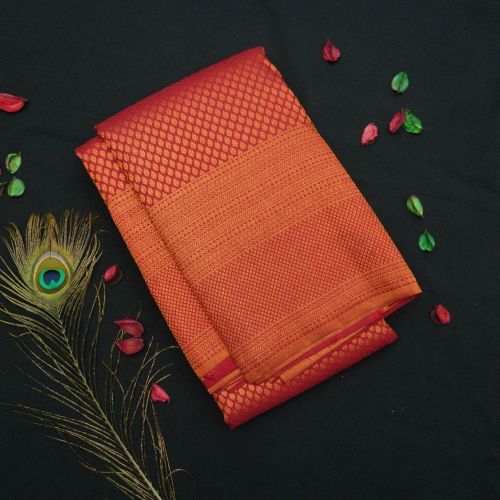 Tomato Red Brocade Design Copper Zari Kanchipuram Silk Saree