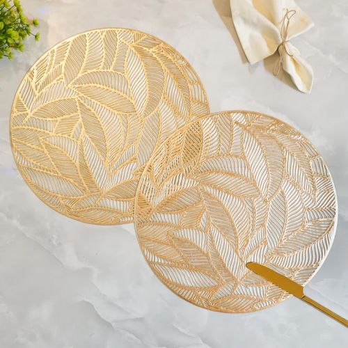 Set OF 2 Round Leaf Patterned Placemats, Gold