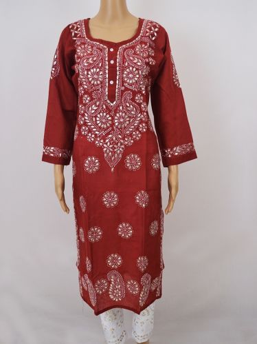 Maroon Gota Patti Lucknowi Chikankari Women Cotton Kurti