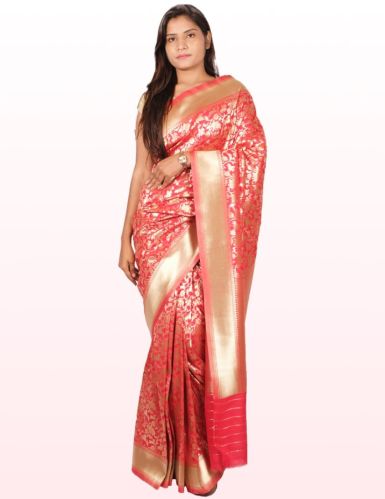 Red Golden Motifs Zari Banarsi Semi Silk Women Saree