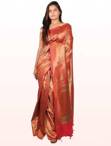 Red Woven Design Zari Banarasi Semi Silk Women Saree