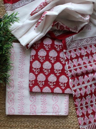 Red Bagru Hand Block Printed Dress Material