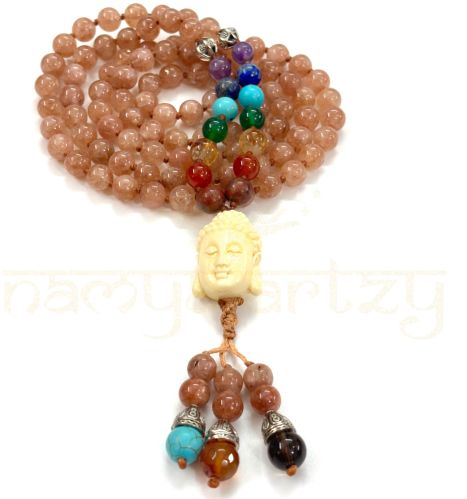 Handmade 7 Chakra Gemstones Sunstone Beads Hand-knotted Mala