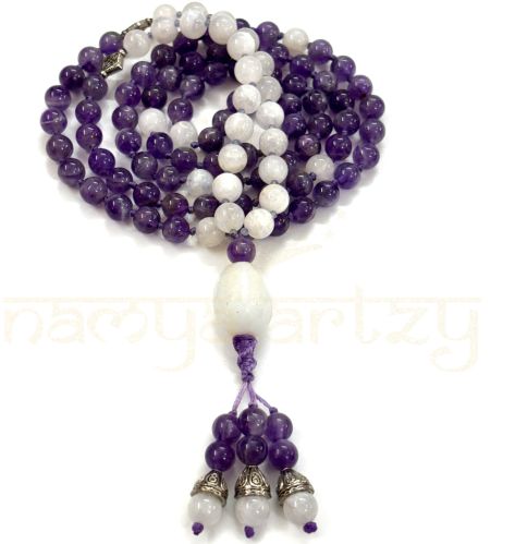 Handmade, Mix OF Amethyst and Fire Moonstone Hand-Knotted Mala/necklace, Cabochon White Onyx Tumble