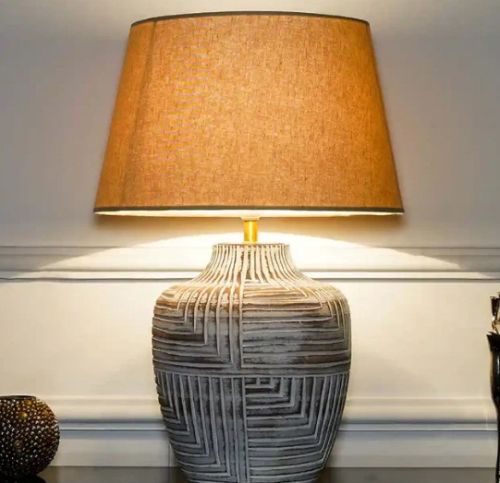 Beige Cotton Shade Natural Carved Wood Table Lamp