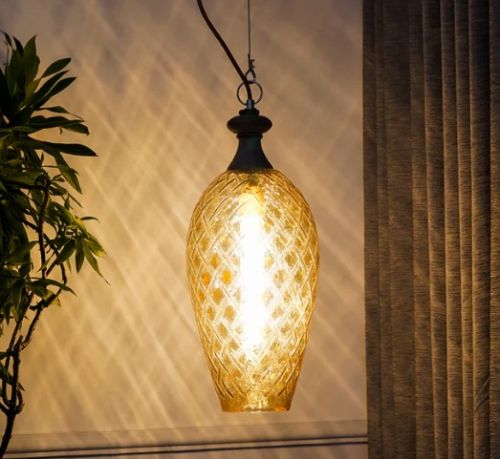 Brass Finish Single Light Rattan Pendant, Color : Amber