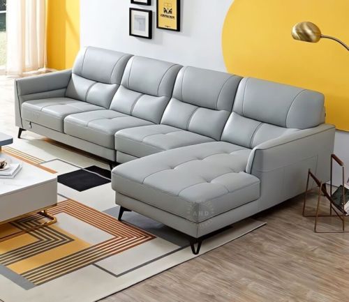 Spain L Shaped Fabric Sofa, Leather Grey