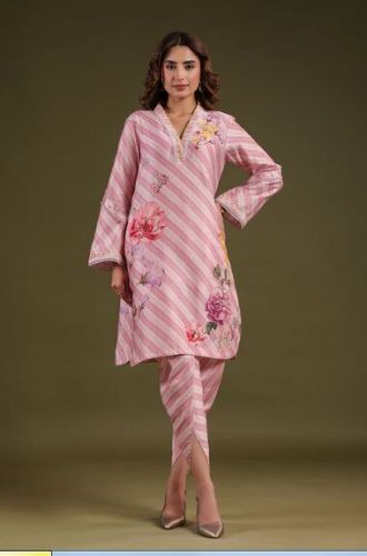 Silk Chanderi Noor Light Pink Striped Kurti Set