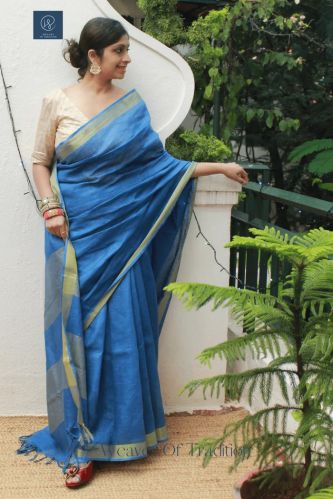 Blue Handloom Linen Saree With Zari Border
