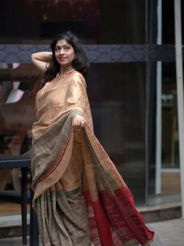Golden Green Organic Tussar Silk Zari Handspun Handwoven Saree