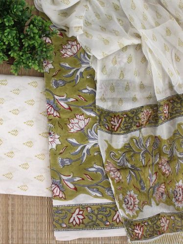 Green Bagru Hand Block Printed Dress Material WITH Chiffon Dupatta