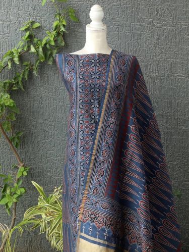 Indigo Ajrakh Chanderi Cotton Silk Dress Material