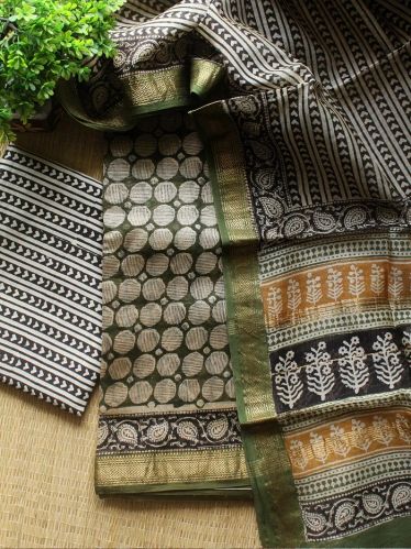 Khaki Hand Block Printed Maheshwari Dress Material