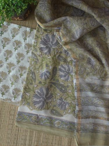 Mustard Bagru Hand Block Printed Cotton Dress Material WITH Kota Doria Dupatta