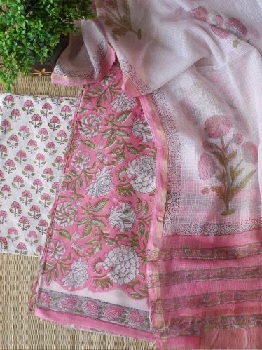 Pink Bagru Hand Block Printed Cotton Dress Material WITH Kota Doria Dupatta