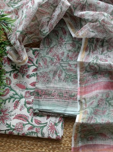 Sea Green Bagru Hand Block Printed Kota Doria Dress Material