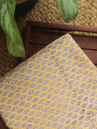 Yellow Hand Block Printed Cotton Fabric WITH Kantha Stitches (2 Mtrs, 2.5 Mtrs)