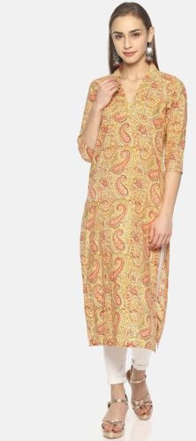 Yellow Pure Cotton Hand Block Printed V-NECK Straight Cut Kurti