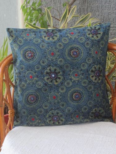 Indigo Ajrakh Hand Block Printed Embroidered Cotton Cushion Cover
