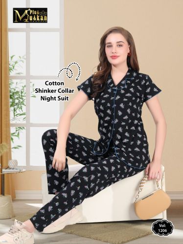 Shinker Collar Ladies Cotton Night Suit, Color : Black