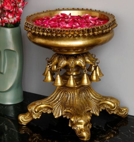 Polished Home Decor International Brass Urli With Stand And Bells