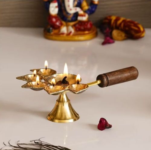 Polished Metal Diya with Wood Handle Antique for Home Decor, Pooja