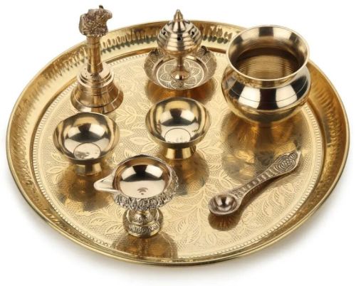Home Decor International Brass Pooja Thali With Flower Design