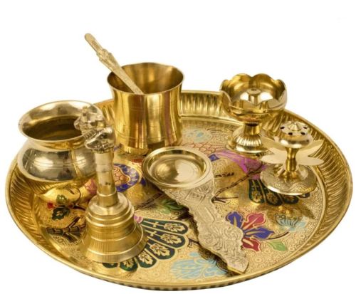 Brass Pooja Thali with Peacock Design, Color : Multicolor