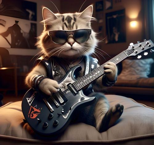 Matte Finish Rockstar Guitarist Cat Digital Canvas Painting Modern