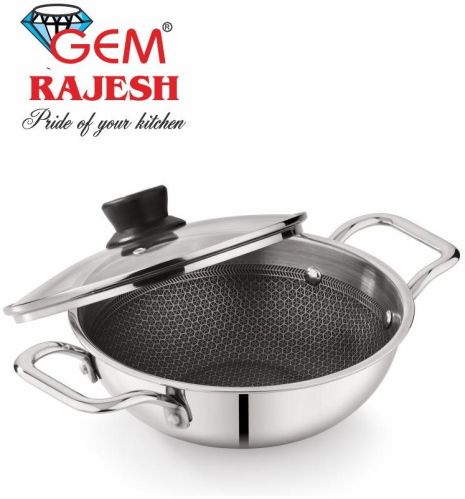 18 Cm Stainless Steel Honeycomb Kadai with Glass Lid