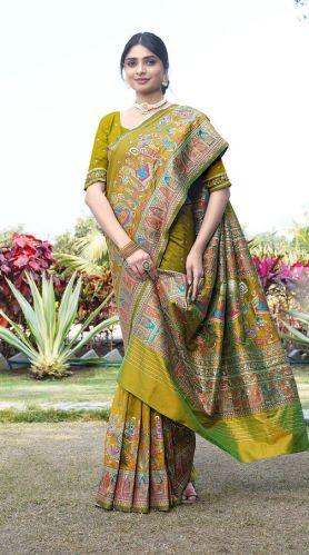 1403 Mehandi Green Pure Silk Saree With Pashmina Design