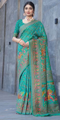 1404 Aqua Green Pure Silk Saree with Pashmina Design