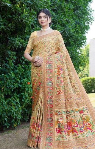 1404 Beige Pure Silk Saree with Pashmina Design