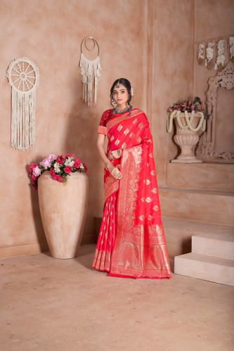 9726 Red Jari Work Weaving Banarasi Soft Silk Saree