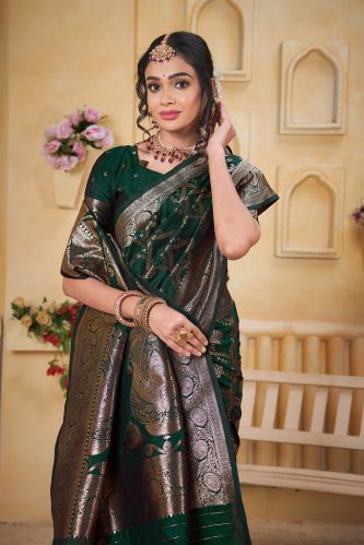9734 Dark Green Jari Work Weaving Banarasi Soft Silk Saree
