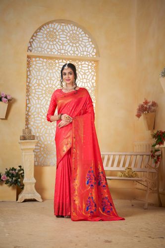 Unstitched 9739 Vibrant Reddish Paithani Silk Saree Party Wear