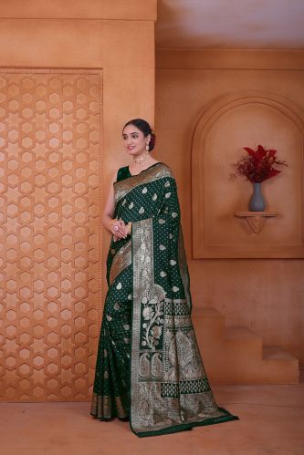9778 Dark Green Zari Work Weaving Banarasi Soft Silk Saree
