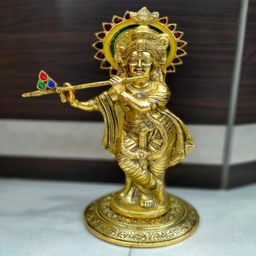 Carved 8814 Inch Aluminium Krishna Statue, Packaging Type : Golden