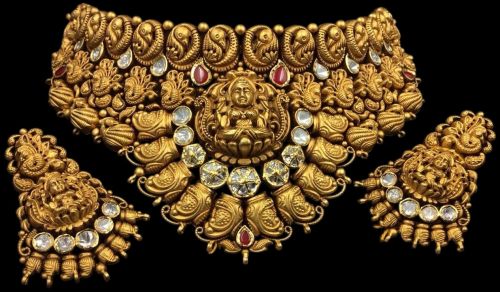 Royal Lakshmi Goddess Antique Gold Temple Necklace Set