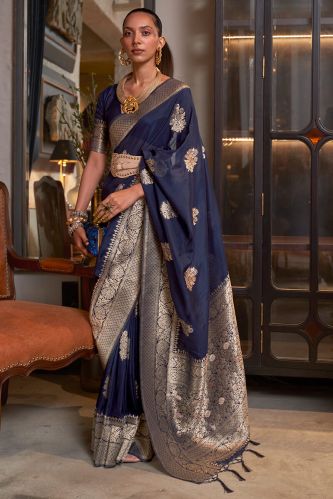Jay Shreenathji Unstitched Georgete Weaving Ladies Navy Blue Sarees