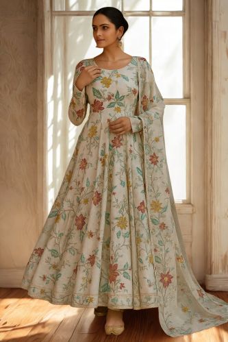 Cotton Round Neck Printed Floral Flared Anarkali Set Festive Wear