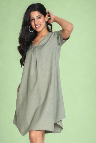 Cotton Solid V Neck Kaftan Mini Dress, Packaging Type : Green