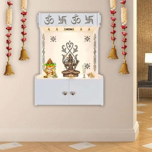 Polished Carved Om Swastik Symbol White Wooden Temple Antique