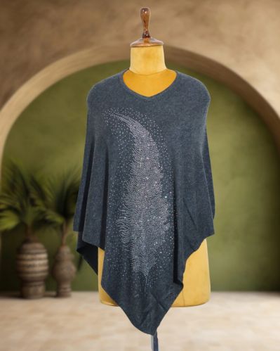 Printed Cashmere Poncho, Color : Black, White Regular