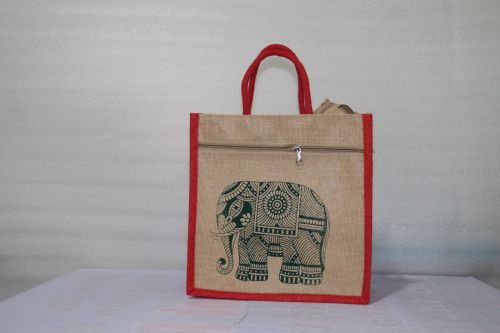 Brown Printed Promotional Jute Bag, Closure Type : Zipper