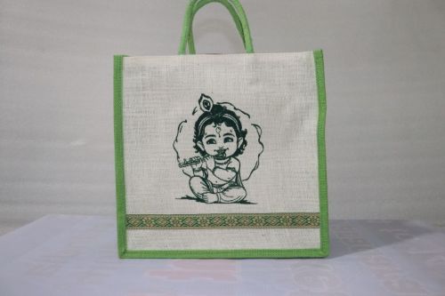 Off White Krishna Print Jute Grocery Bag