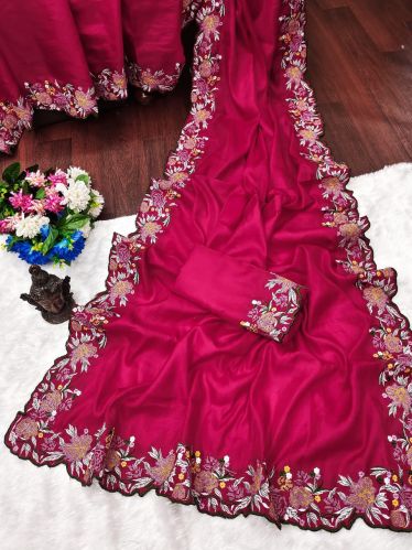 Unstitched Embroidery Work Pure Soft Tussar Indian Saree