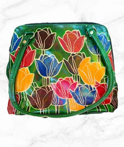 Ladies Lotus Print Leather Shantiniketan Hand Bag