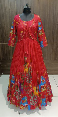 Mani Fashion Dolla Silk Indo Western Gown, Color : Red, Multicolor