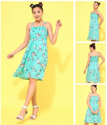 Ladies Aqua Blue Floral Print Smocked Bodice Flared Dress